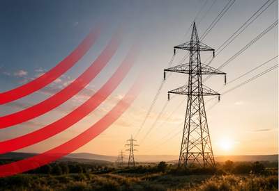 Słupy energetyczne i linie przesyłowe na tle zachodzącego słońca przedstawiające temat służebności przesyłu i odszkodowań za urządzenia przesyłowe.